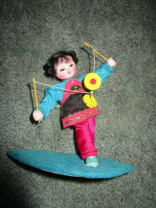 Vintage Silk Chinese Little Girl Doll Playing W/ Hand Toy Nip