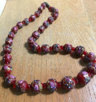 Vintage Italian Murano Red Gold Pink Blue Wedding Cake Glass 34 Bead Necklace
