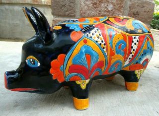 Mexican Folk Art Talavera Pottery Farm Animal Pig Figure Ceramic X Large 19 "