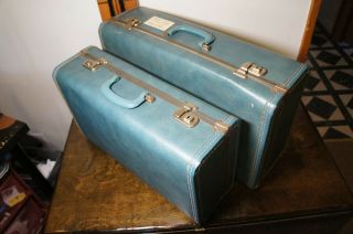 Vintage Blue Suitcases 1960s Mcm Luggage Case 2 Pc Matching Set Vtg Retro