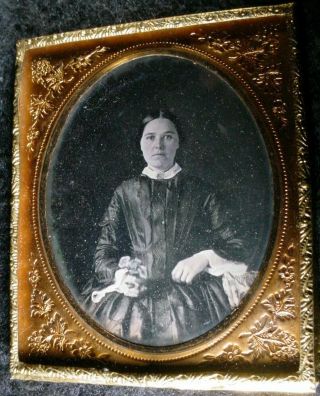 Lovely Young Lady Holding A Bouquet 1/6 Plate Daguerreotype Hand Colored