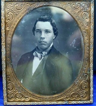1/6th Size Daguerreotype Handsome Young Man In Brass Frame And Mat