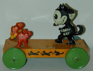 Krazy Kat Lithographed Tin Platform Pull Toy With Squeaker J.  Chein & Co.  1932