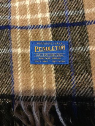 Vintage Pendleton 100 Virgin Wool Blanket 67” X 52” With 3” Fringe - Tan/