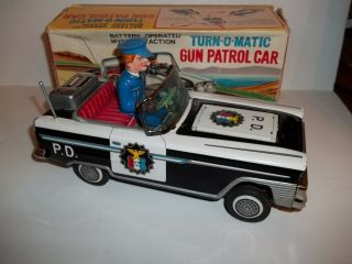 Vintage 1960 Tin Toy Car Battery Operated Hwy Patrol T.  N.  Japan Mystery Turn - Gun