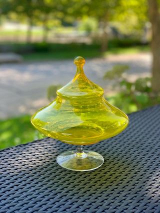 Vintage Yellow Optic Italian Glass Apothecary Jar Decanter.  Circus Top Lid.