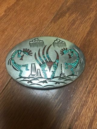 Vintage Kachina Belt Buckle Sterling Silver Turquoise And Coral Chip Signed Sd