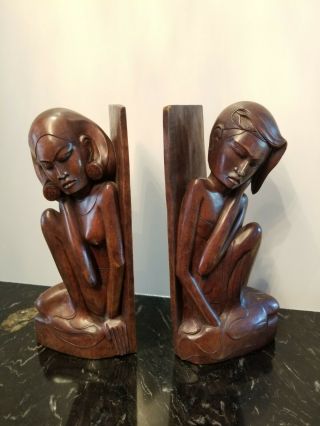 Vintage Hand Carved Bali Balinese Wood Male Female Bookends Sculpture 9.  25 "