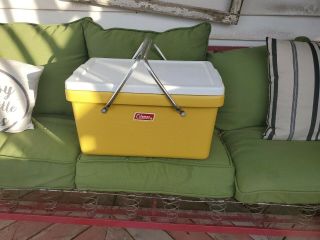 Vintage Coleman Mustard Yellow Cooler,  Aluminum Handles Tray & Freezer Packs