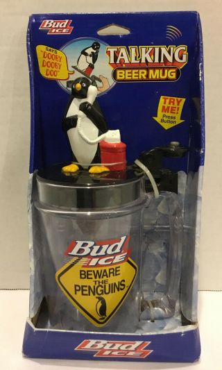 Anheuser - Busch Bud Ice Beware Of Penguin Talking Beer Mug 1997 Vintage Retro