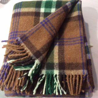 Vintage Providence Wool Throw Brown Blue Green Plaid Fringed Foxford Ireland
