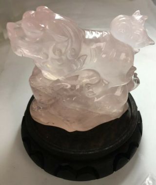 Chinese Carved Rose Quartz Crystal Statue Foo Dog Lion Dog 88