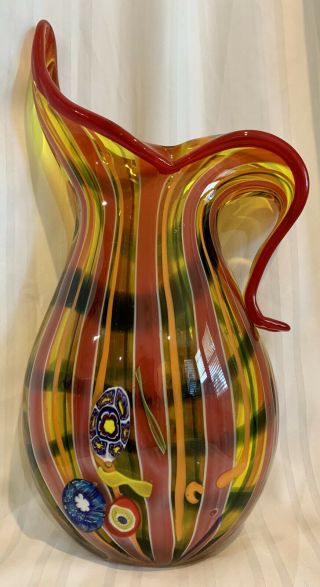 Vtg Murano Art Glass Millefiori Fratelli Toso Vase Pitcher Stripes Red 15”