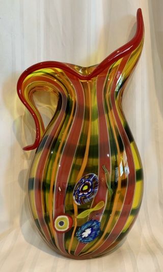 VTG Murano Art Glass Millefiori Fratelli Toso Vase Pitcher Stripes Red 15” 2