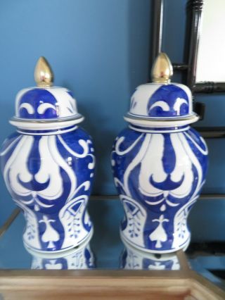 Pair (2) Modern Chinoiserie Ginger Jars 15.  5 " Blue & White Handpainted