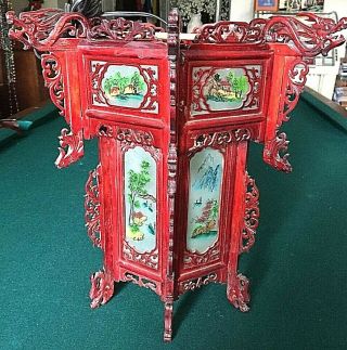 Asian Japanese Chinese Lantern Dragons 12 Painted Glass Panels Red Wood Electric