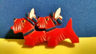 Vintage Red Scottie Dogs Pin Brooch Bakelite / Celluloid / Plastic 2 1/2x1 1/2 "