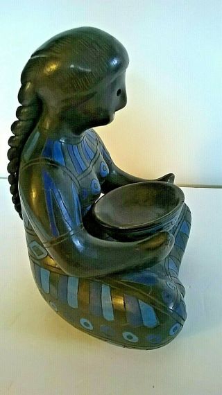 Large Oaxaca Mexico Black Clay Pottery Sitting Woman Statue Holding Loose Bowl