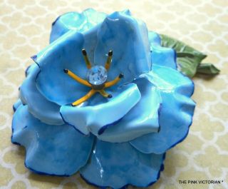 Vintage Enamel Flower Pin 1950s Signed Lisner Hand Paint Blue Petals