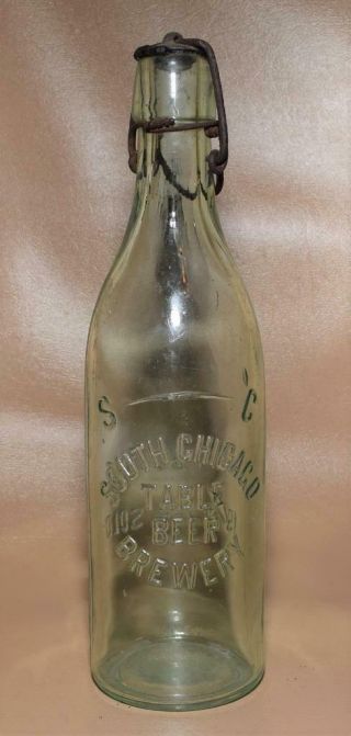 South Chicago Brewery " Table Beer " Aqua Glass Bottle W Blob Top & Swing Wire Cap