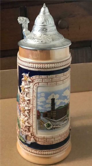 Vintage Gerz Germany Lidded 1 Liter Beer Stein “furth Rathaus”