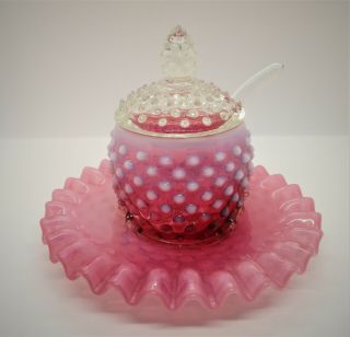 Vintage Fenton Cranberry Pink Opalescent Hobnail Jam Jar Set 3903