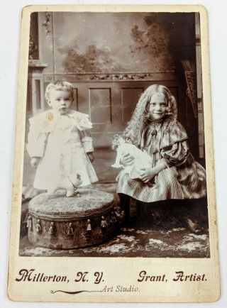 Cabinet Card Photo Cute Little Blond Girl W/ Doll & Boy With Bull Dog Toy
