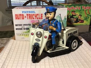 Vintage Tin Battery Operated Police Patrol Auto - Tricycle Motorcycle 1960s Japan