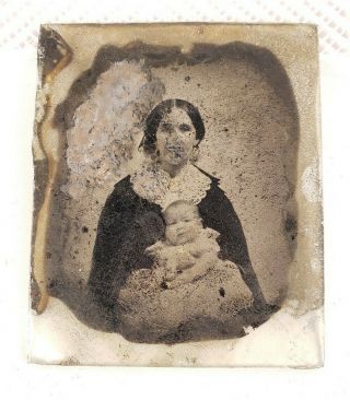 Antique 1860s Ambrotype Photo Photograph Of Woman And Child