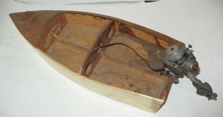Vintage Hand Made Wood Toy Boat W/ Allyn Sea Fury Outboard 1950 