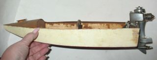 Vintage Hand Made Wood Toy Boat w/ ALLYN SEA FURY OUTBOARD 1950 ' s Pond Boat 2