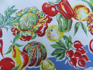 Vtg Tablecloth Fruits Vegetables Cherry Strawberry Garden On Blue 65x53