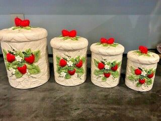 Vintage Sears Roebuck Strawberry Ceramic Canister Set Of 4 1981