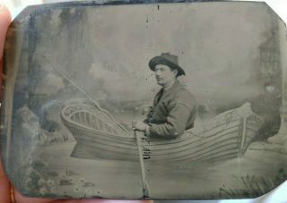Humorous Man In A Boat 1/6 Plate Novelty Tintype Antique Photo