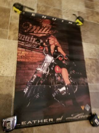 (vtg) Miller Mgd Beer Harley Davison Sexy Girl On Bike Poster Leather & Lace
