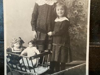 Antique RPPC Photo Of Sisters Girls With Fancy German Bisque Dolls Wagon 2