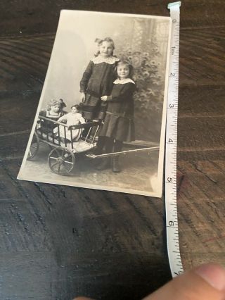 Antique RPPC Photo Of Sisters Girls With Fancy German Bisque Dolls Wagon 5