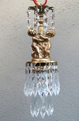 Swag Plugin Cherub Hanging Lamp Chandelier Vintage Spelter Brass Crystal Prisms
