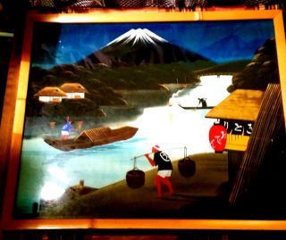 Vintage Japan Native Folk Art Painting On Silk Mt Fuji Asian Boats Scene Signed