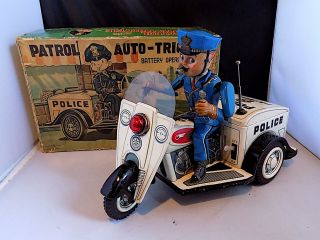 Vintage Tin Battery Operated Patrol Auto - Tricycle,  Nomura Toys (t.  N. ) Japan Vgib