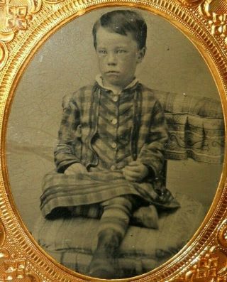 1/6th Size Tintype Image Of Mad/upset Boy In Skirt