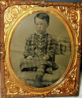 1/6th size Tintype image of mad/upset boy in skirt 2