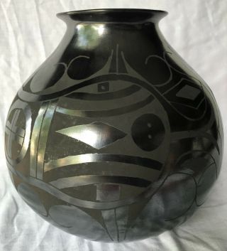 Mata Ortiz Mexico Pottery Sgnd Jorge Sandoval Geometric 10 " Black Olla Jar Vase
