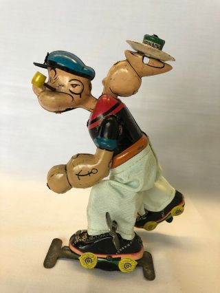 Linemar Windup Popeye Roller Skating W/ Plate & Can Of Spinach Tintoy Japan 1957