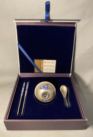 . 999 Fine Silver/chinese Set Of Bowl - Spoon - Chop Sticks/by Orna/100 Grams