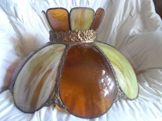 Vintage Tiffany Style Stained Slag Glass Lamp Shade Scalloped Amber And Green