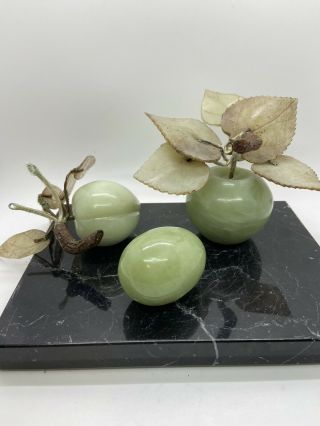 Vintage Set 3 Chinese Celadon Green Jade Carved Peach Egg And Apple Stone Leaves