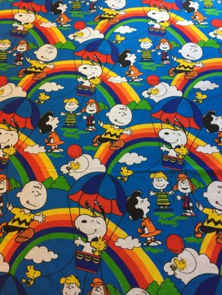 Vintage 70s Peanuts Characters Rainbow Sears Fabric Flat Twin Bed Sheet