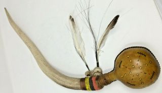 Native American Ceremonial Rattle Animal Hide And Deer Antler Handmade Vntg