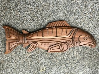 Northwest Coast Native Art Salmon Sculpture Carving Signed